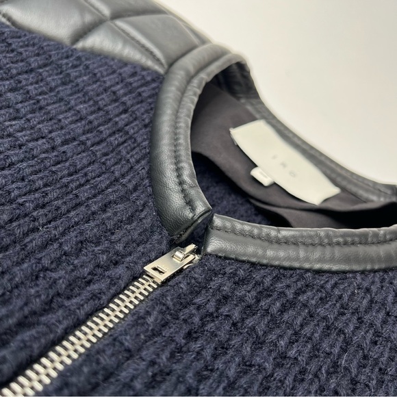 IRO Ceylona Navy Blue Waffle Pattern Knit Black Quilted Leather Edgy Zip Blazer - Picture 13 of 15